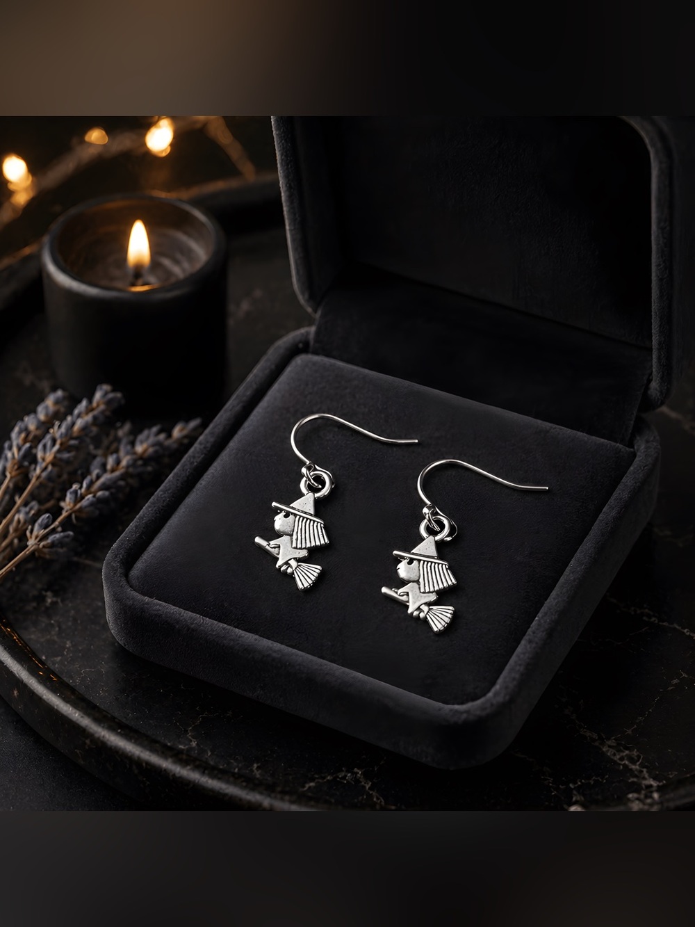 Silver Witch on Broomstick Dangle Earrings - Hypoallergenic Hooks
